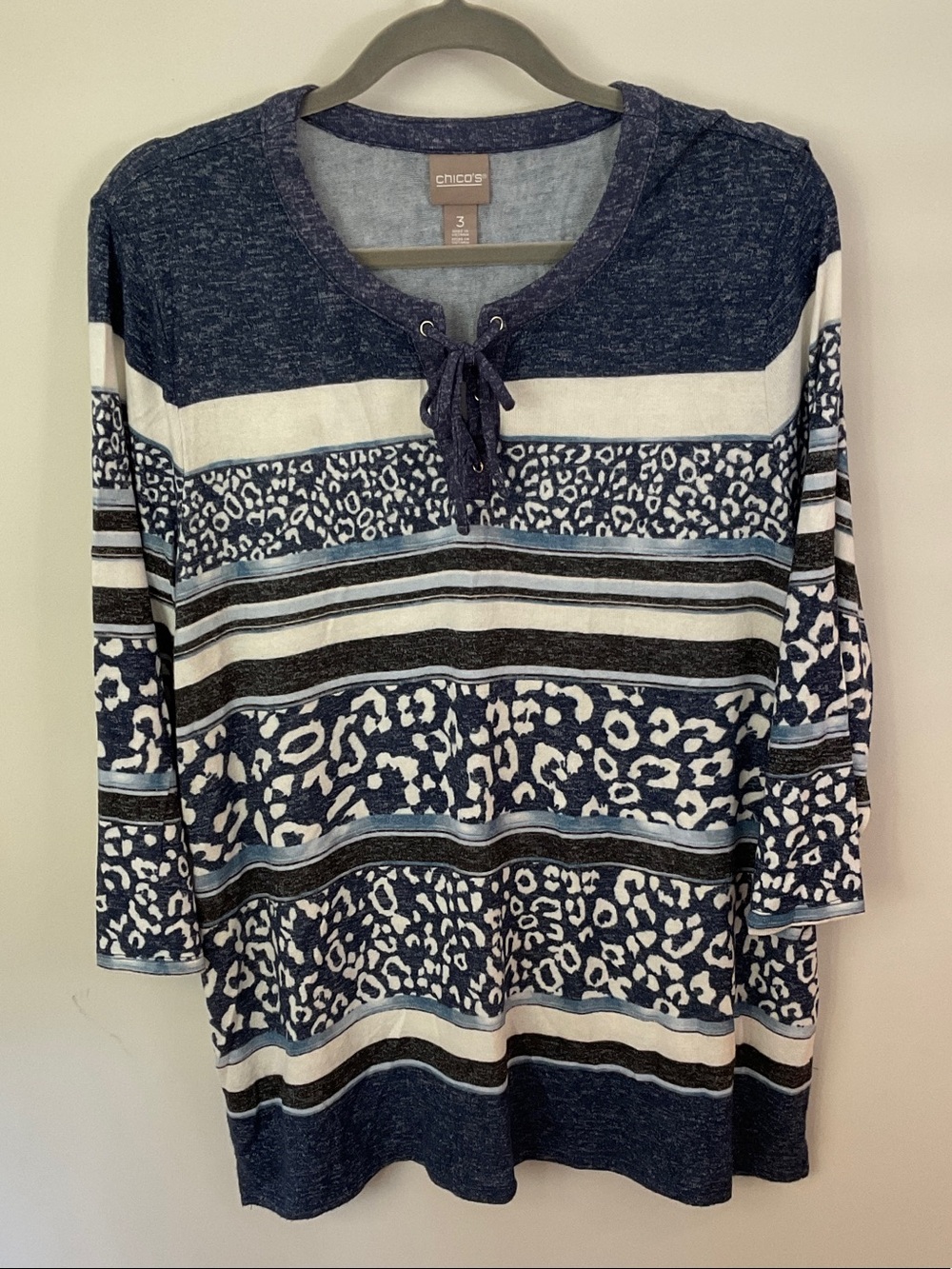 Chico's Navy, White & Black Striped Lace-Up Tunic Lightweight sweater